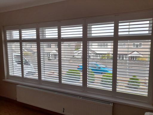Modern window with slatted blinds, showing a street view outside with vehicles and greenery.